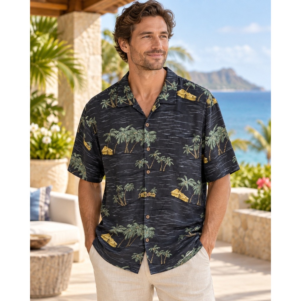 Tommy Bahama Men's XL Gray Silk Hawaiian Shirt Palm Tree Tropical
